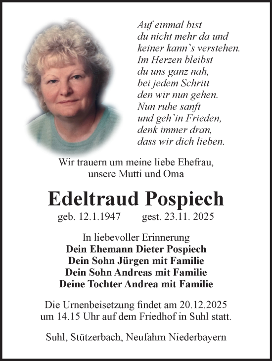 Traueranzeige von Edeltraud Pospiech von Südthüringer Presse