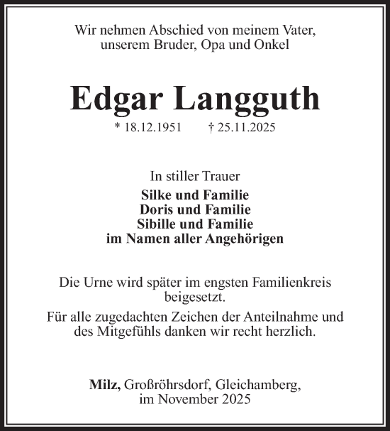 Traueranzeige von Edgar Langguth von Südthüringer Presse