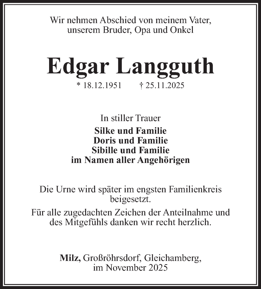  Traueranzeige für Edgar Langguth vom 12.12.2025 aus Südthüringer Presse