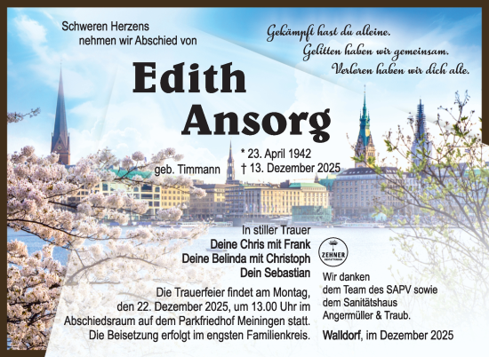 Traueranzeige von Edith Ansorg von Südthüringer Presse