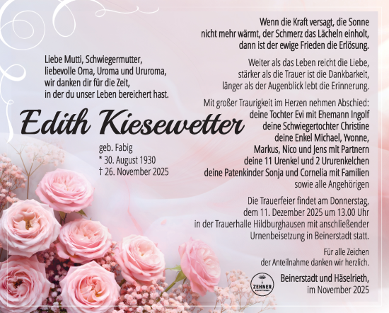 Traueranzeige von Edith Kiesewetter von Südthüringer Presse