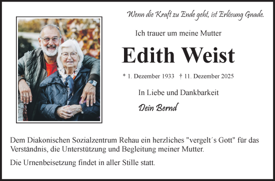 Traueranzeige von Edith Weist von Frankenpost