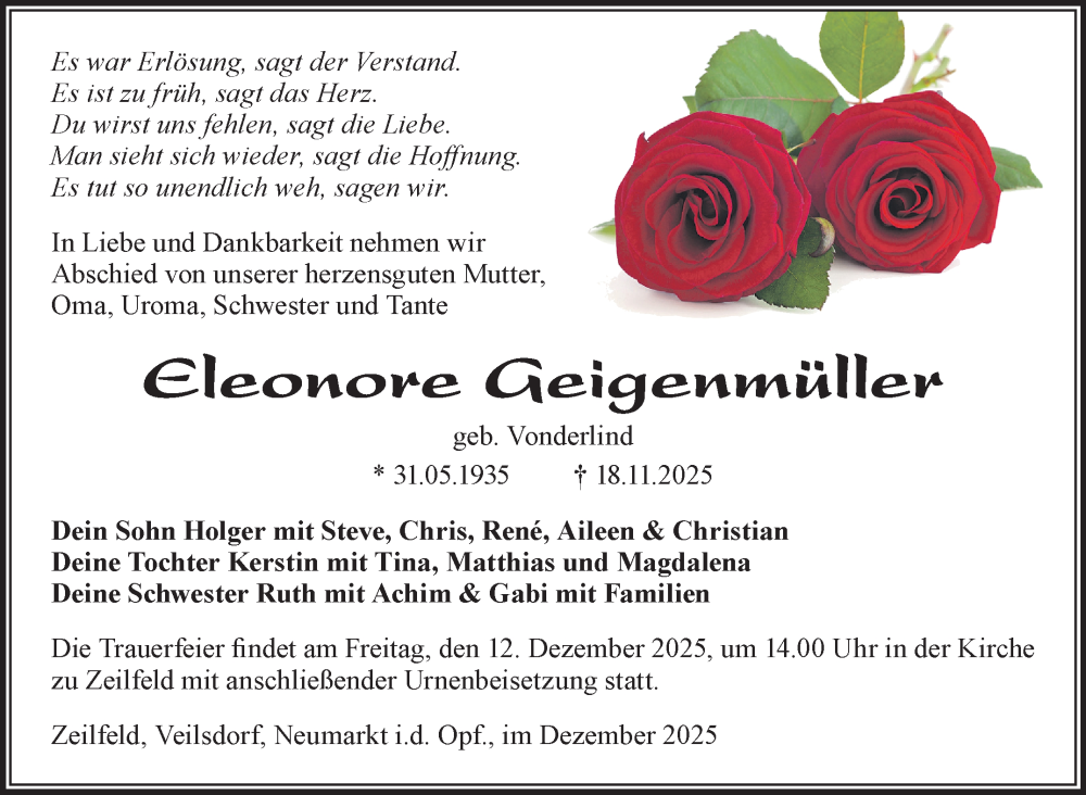 Traueranzeige für Eleonore Geigenmüller vom 06.12.2025 aus Südthüringer Presse
