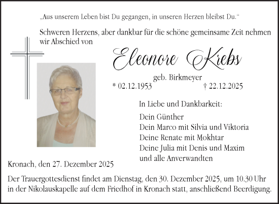 Traueranzeige von Eleonore Krebs von Neue Presse Coburg