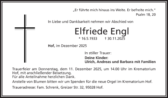 Traueranzeige von Elfriede Engl von Frankenpost