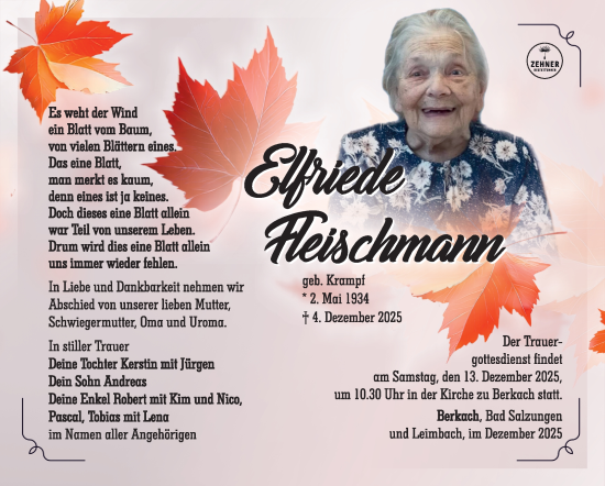 Traueranzeige von Elfriede Fleischmann von Südthüringer Presse