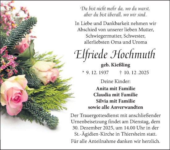 Traueranzeige von Elfriede Hochmuth von Frankenpost