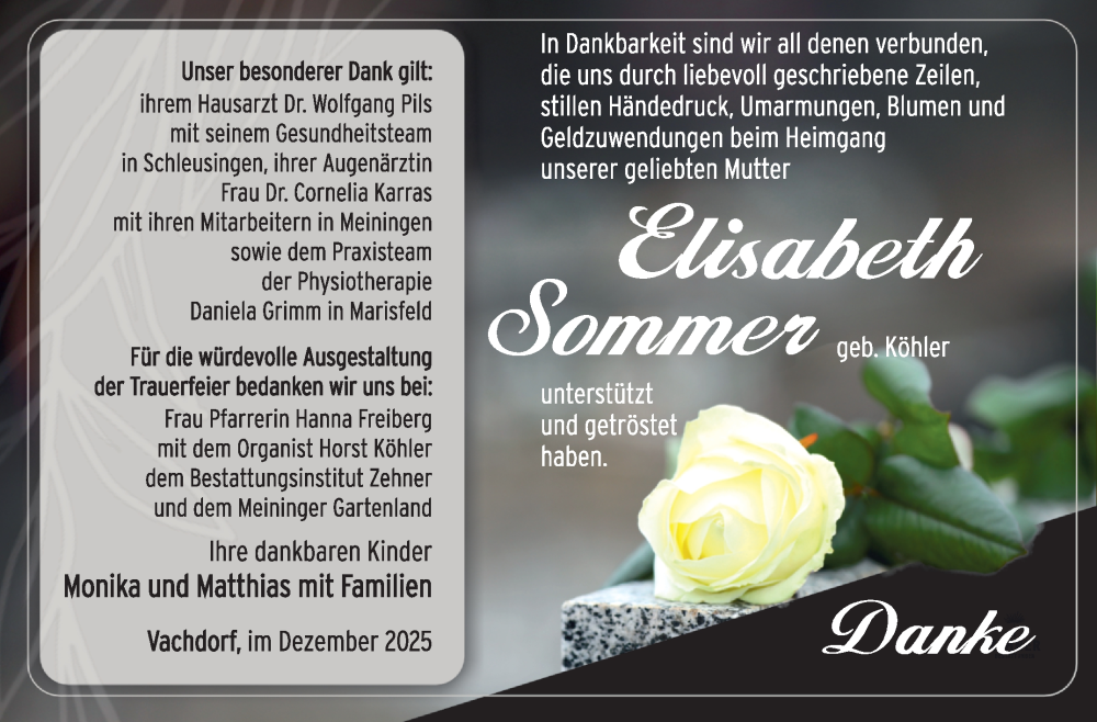  Traueranzeige für Elisabeth Sommer vom 13.12.2025 aus Südthüringer Presse