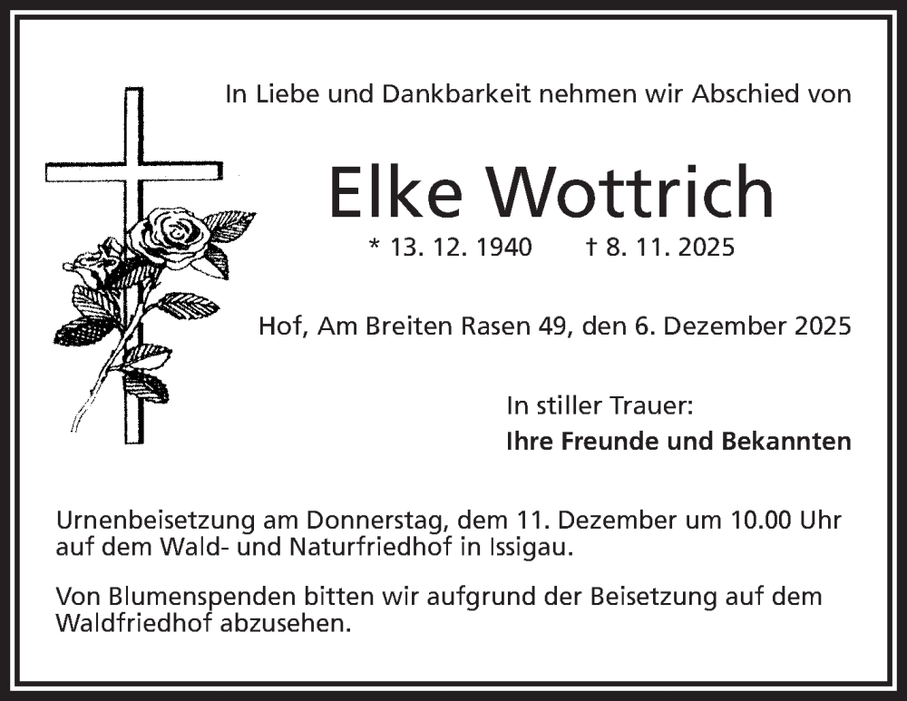  Traueranzeige für Elke Wottrich vom 06.12.2025 aus Frankenpost