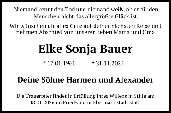 Traueranzeige von Elke Sonja Bauer von Neue Presse Coburg