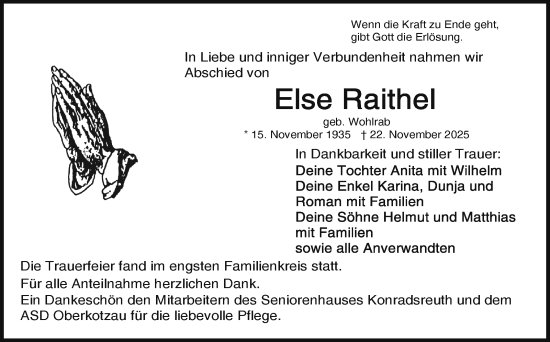 Traueranzeige von Else Raithel von Frankenpost