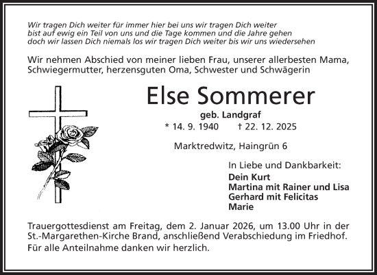 Traueranzeige von Else Sommerer von Frankenpost