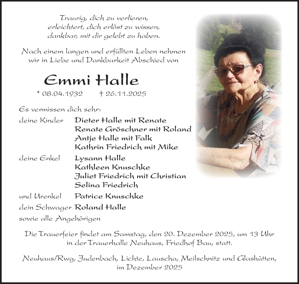  Traueranzeige für Emmi Halle vom 06.12.2025 aus Südthüringer Presse