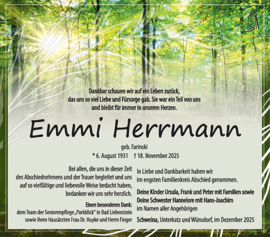 Traueranzeige von Emmi Herrmann von Südthüringer Presse