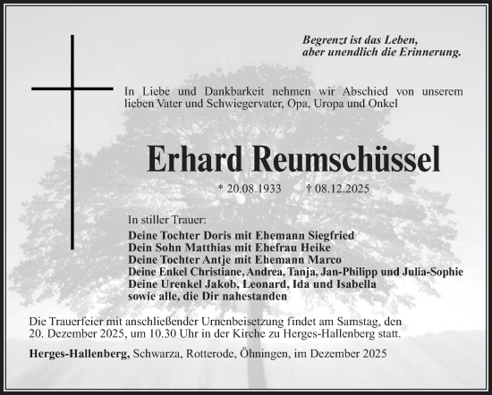 Traueranzeige von Erhard Reumschüssel von Südthüringer Presse