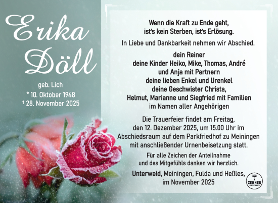 Traueranzeige von Erika Döll von Südthüringer Presse