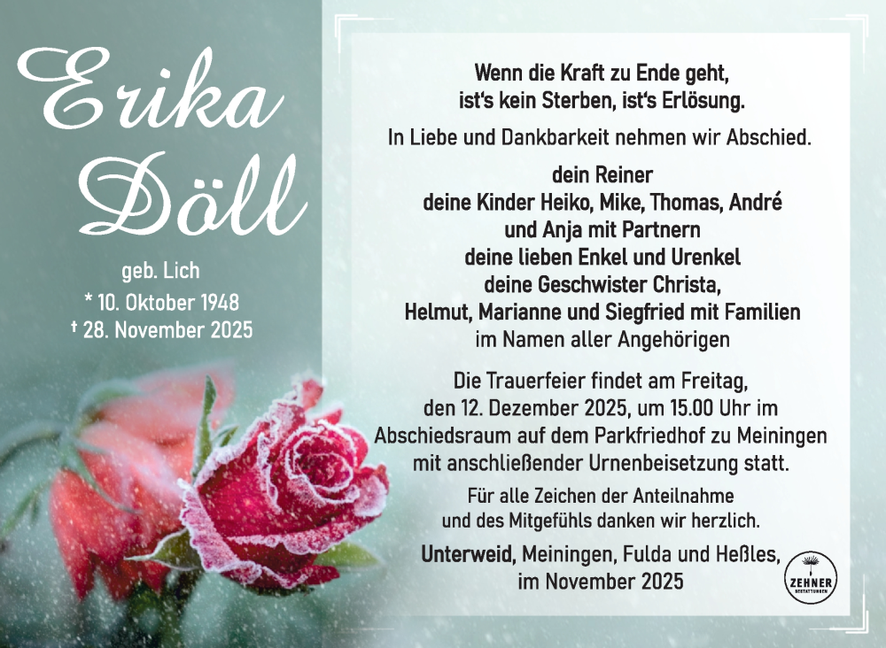 Traueranzeige für Erika Döll vom 06.12.2025 aus Südthüringer Presse