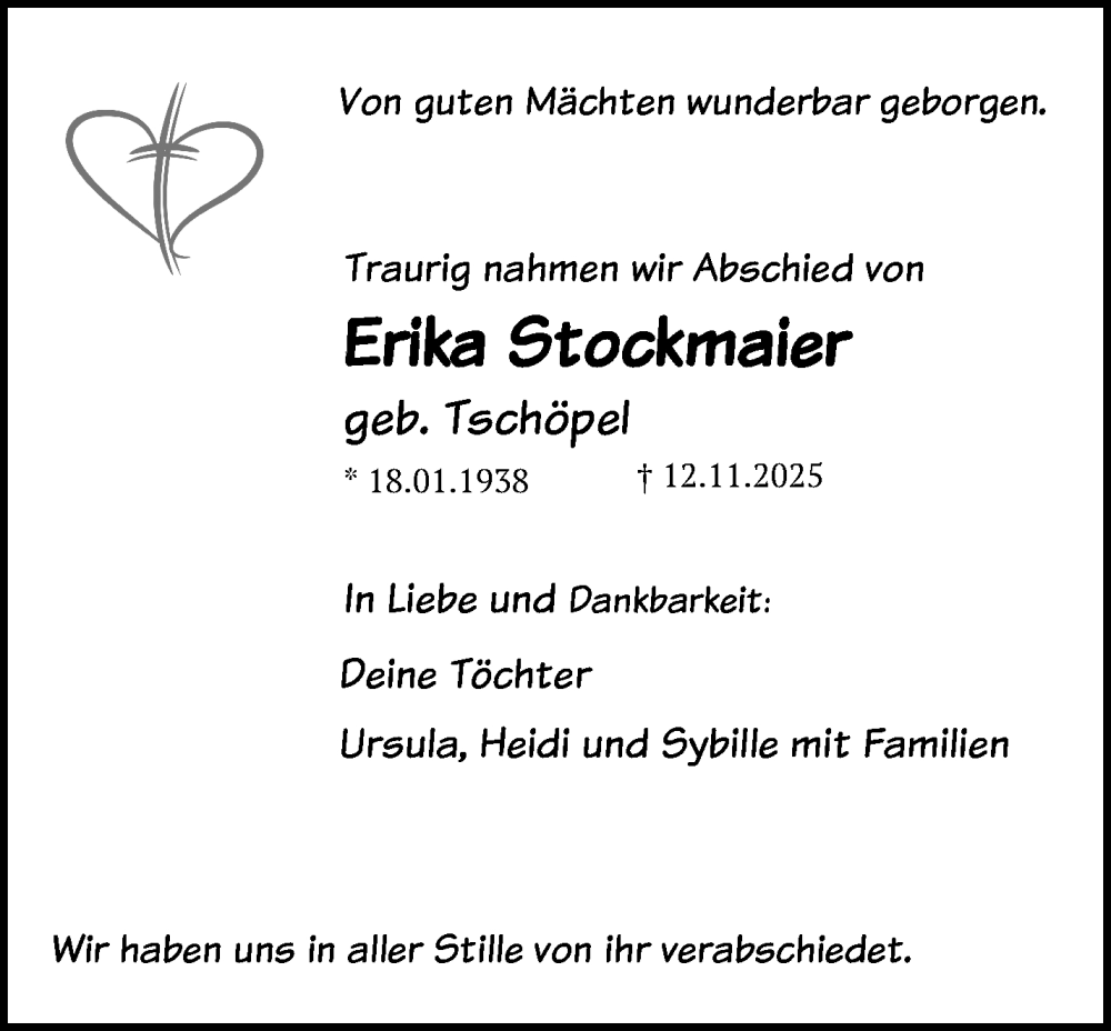  Traueranzeige für Erika Stockmaier vom 03.12.2025 aus Frankenpost