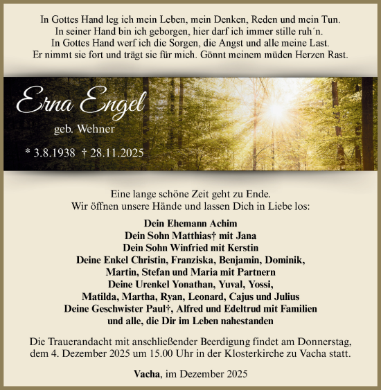 Traueranzeige von Erna Engel von Südthüringer Presse