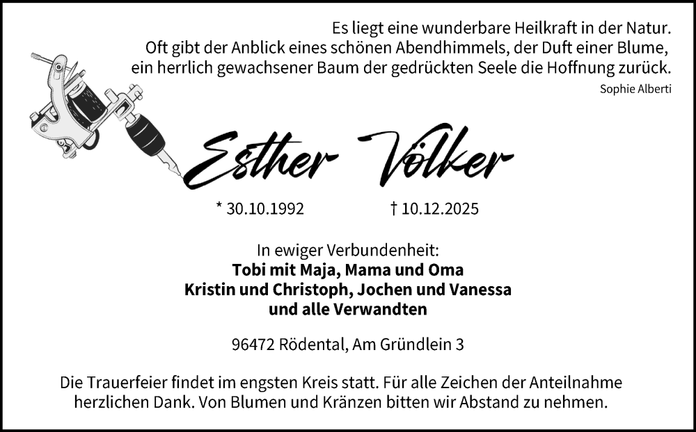  Traueranzeige für Esther Völker vom 20.12.2025 aus Neue Presse Coburg
