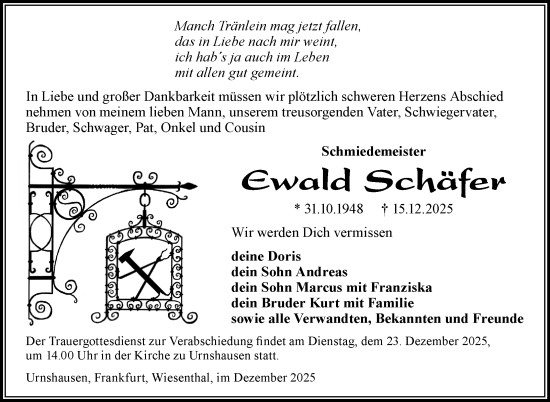 Traueranzeige von Ewald Schäfer von Südthüringer Presse