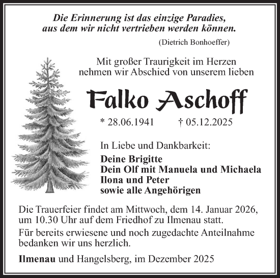 Traueranzeige von Falko Aschoff von Südthüringer Presse