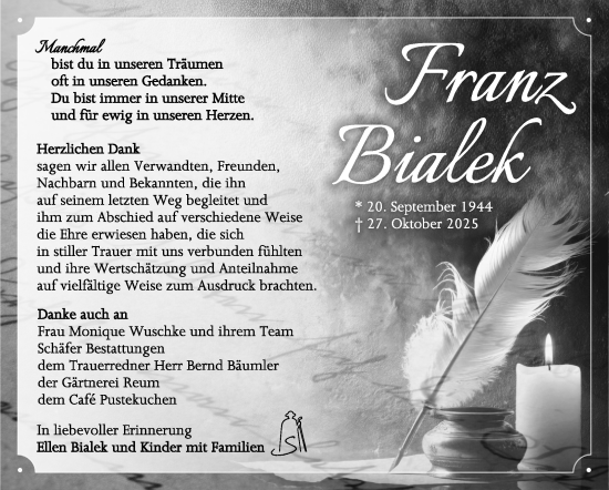 Traueranzeige von Franz Bialek von Südthüringer Presse