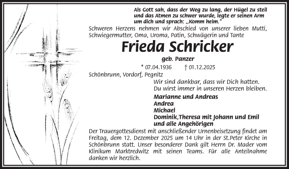  Traueranzeige für Frieda Schricker vom 06.12.2025 aus Frankenpost
