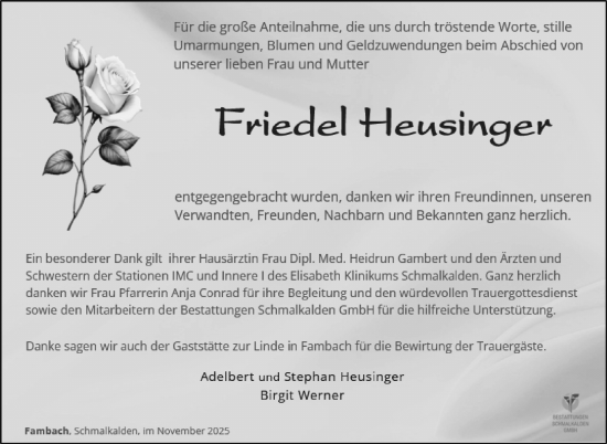 Traueranzeige von Friedel Heusinger von Südthüringer Presse