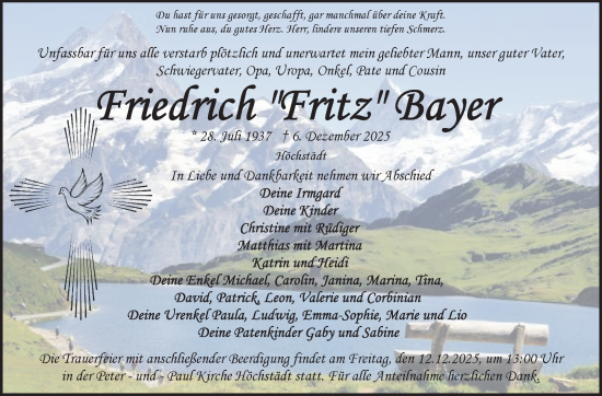 Traueranzeige von Friedrich Bayer von Frankenpost