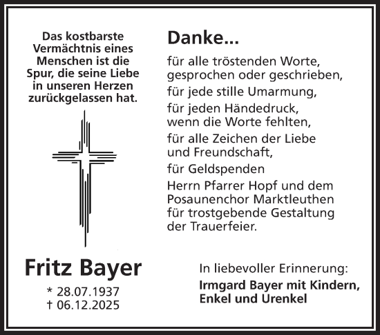 Traueranzeige von Fritz Bayer von Frankenpost