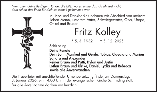 Traueranzeige von Fritz Kolley von Frankenpost