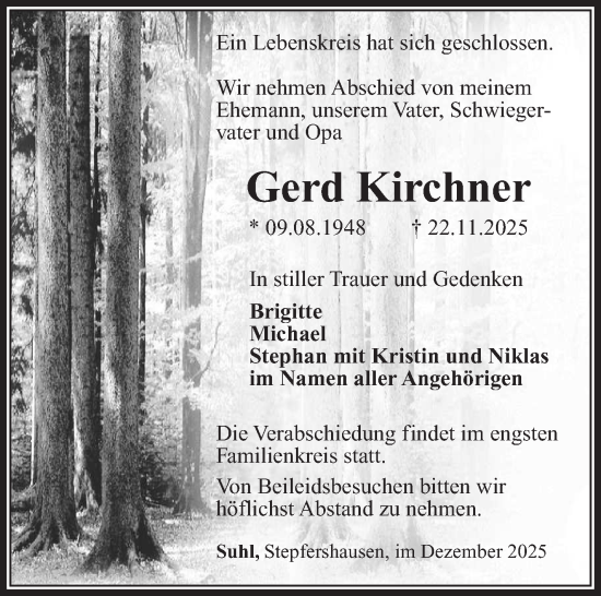 Traueranzeige von Gerd Kirchner von Südthüringer Presse