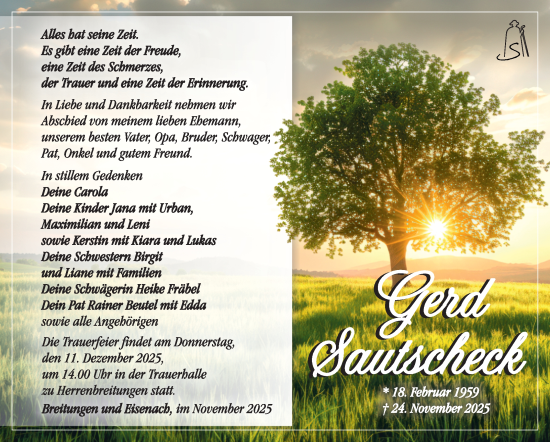 Traueranzeige von Gerd Sautscheck von Südthüringer Presse