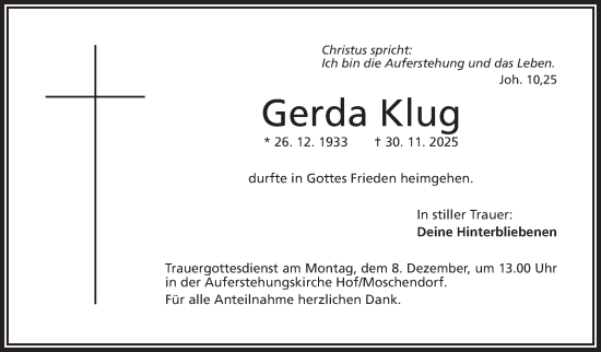 Traueranzeige von Gerda Klug von Frankenpost