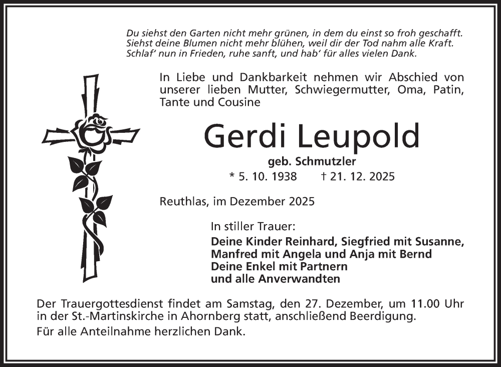  Traueranzeige für Gerdi Leupold vom 24.12.2025 aus Frankenpost