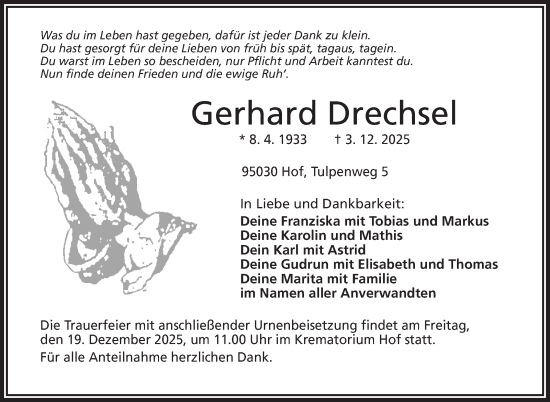 Traueranzeige von Gerhard Drechsel von Frankenpost