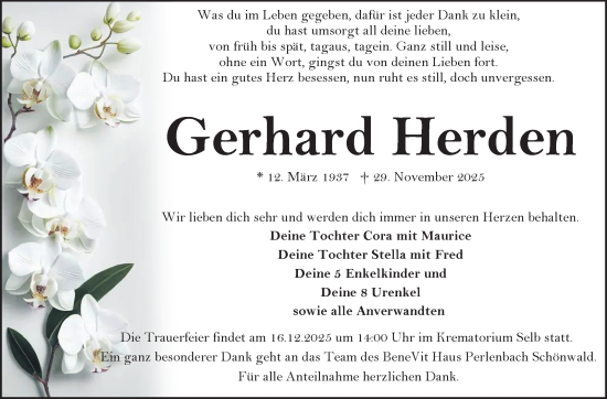 Traueranzeige von Gerhard Herden von Frankenpost