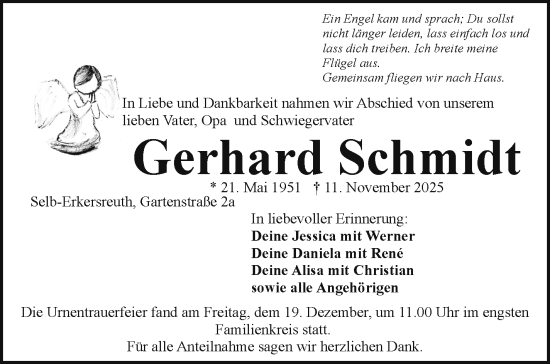 Traueranzeige von Gerhard Schmidt von Frankenpost