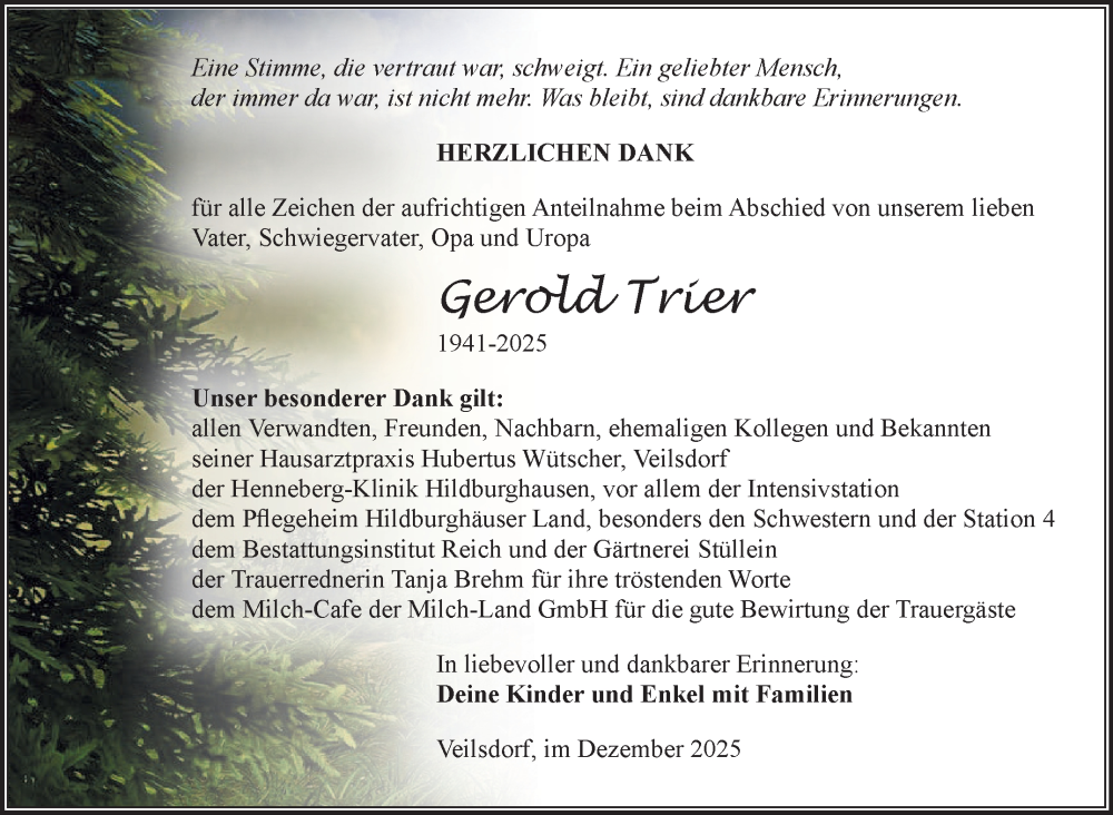  Traueranzeige für Gerold Trier vom 20.12.2025 aus Südthüringer Presse