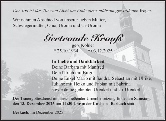 Traueranzeige von Gertraude Krauß von Südthüringer Presse