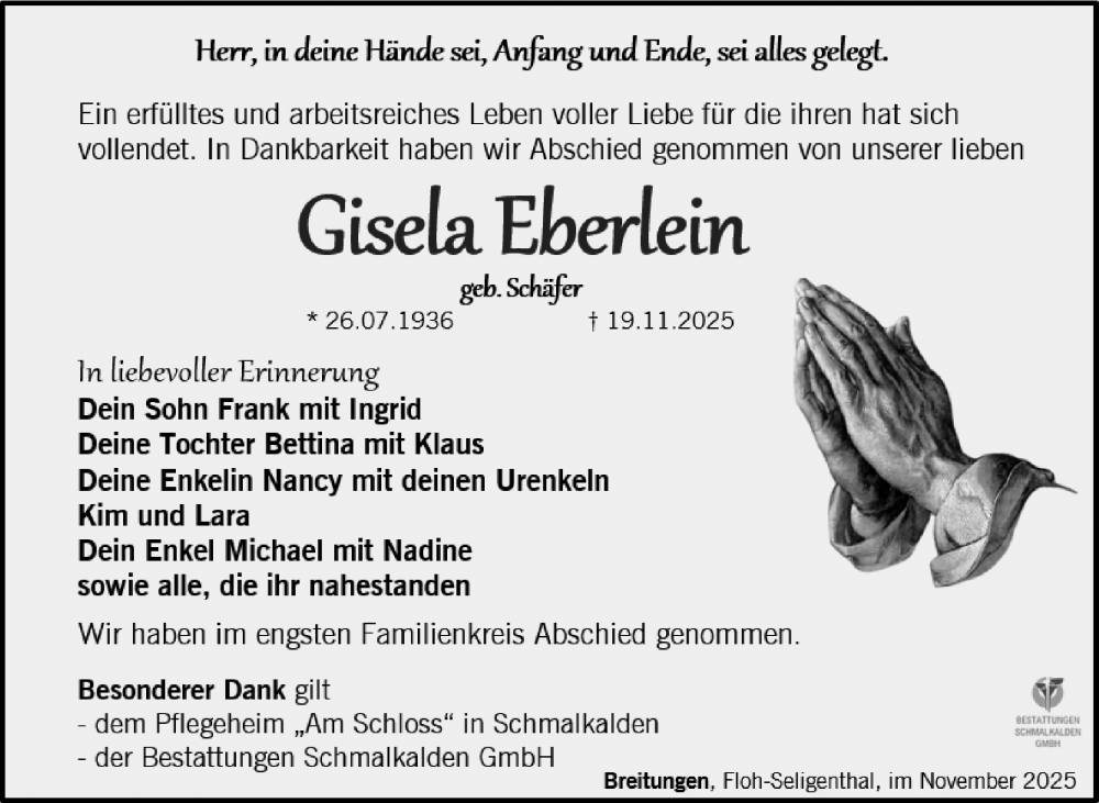  Traueranzeige für Gisela Eberlein vom 06.12.2025 aus Südthüringer Presse