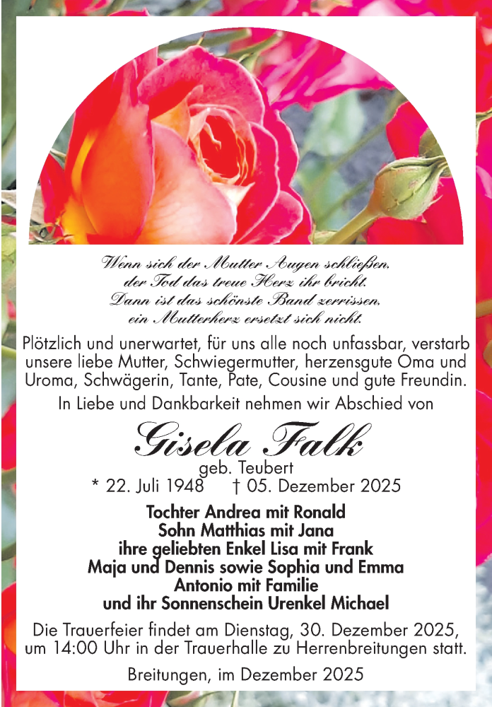  Traueranzeige für Gisela Falk vom 19.12.2025 aus Südthüringer Presse