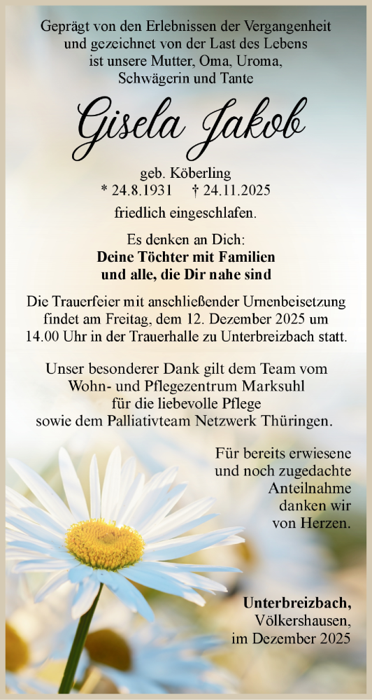  Traueranzeige für Gisela Jakob vom 06.12.2025 aus Südthüringer Presse