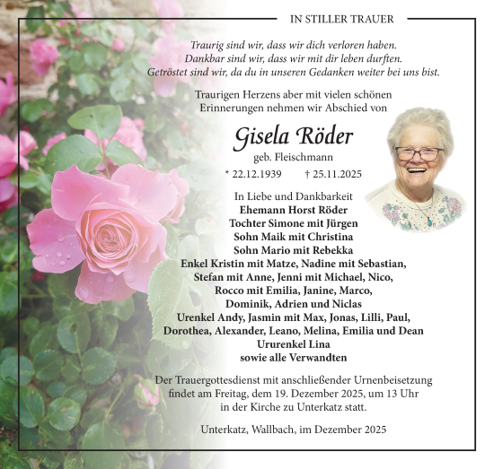 Traueranzeige von Gisela Röder von Südthüringer Presse