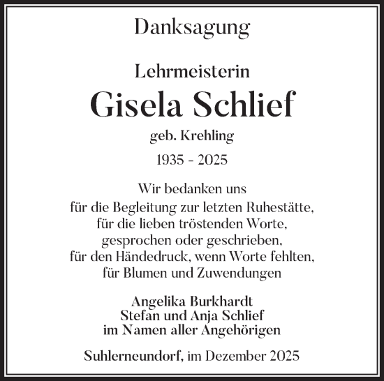 Traueranzeige von Gisela Schlief von Südthüringer Presse