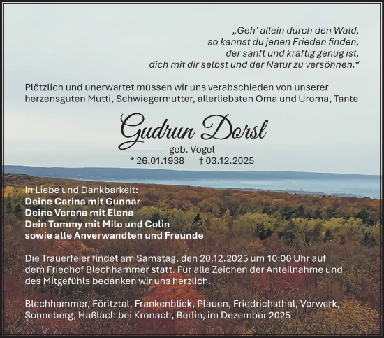 Traueranzeige von Gudrun Dorst von Südthüringer Presse
