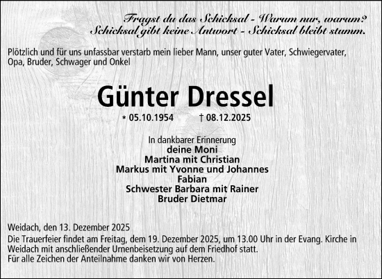 Traueranzeige von Günter Dressel von Neue Presse Coburg