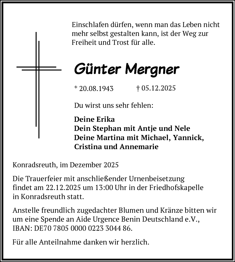  Traueranzeige für Günter Mergner vom 18.12.2025 aus Frankenpost
