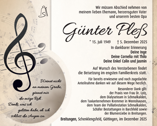 Traueranzeige von Günter Pleß von Südthüringer Presse